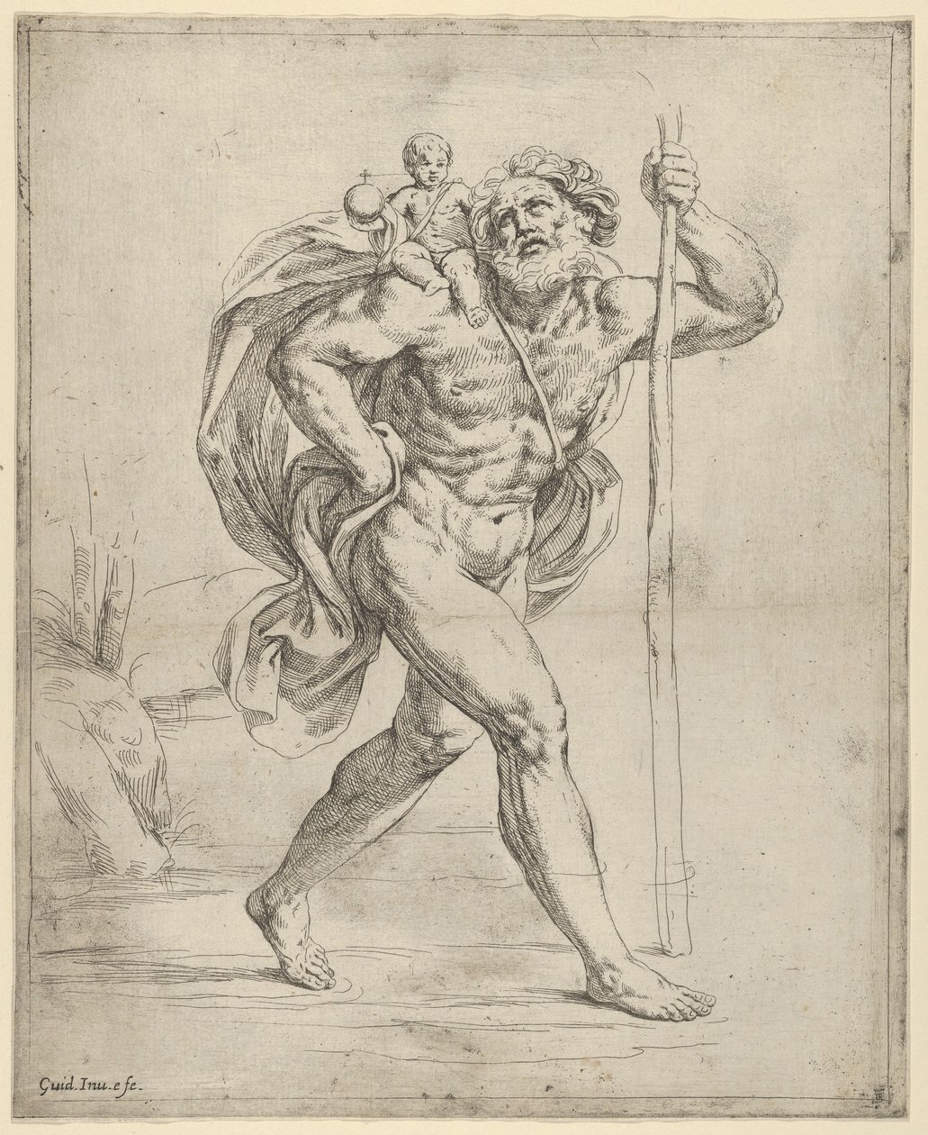 Sankt Christopher går med spædbarnet Kristus på sin højre skulder, ca. 1600-1640. af Guido Reni