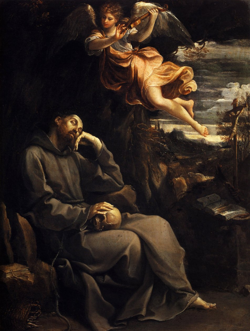 Sankt Frans trøstet af den musikalske engel af Guido Reni