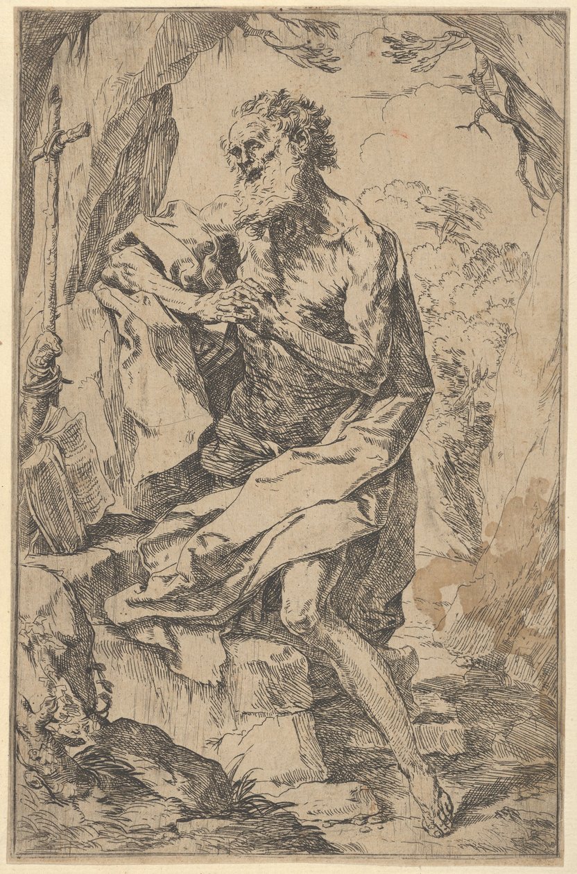 Sankt Hieronymus knæler på en sten foran et kors og en åben bog mod venstre,..., ca. 1600-1640. af Guido Reni