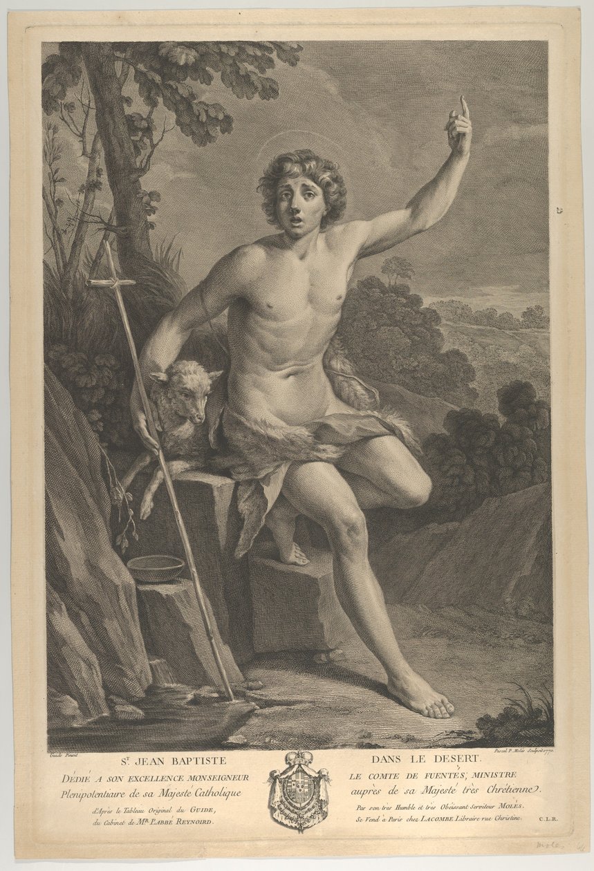 Johannes Døberen i ørkenen, siddende på en klippe og pegende opad med sin venstre h..., 1770 af Guido Reni