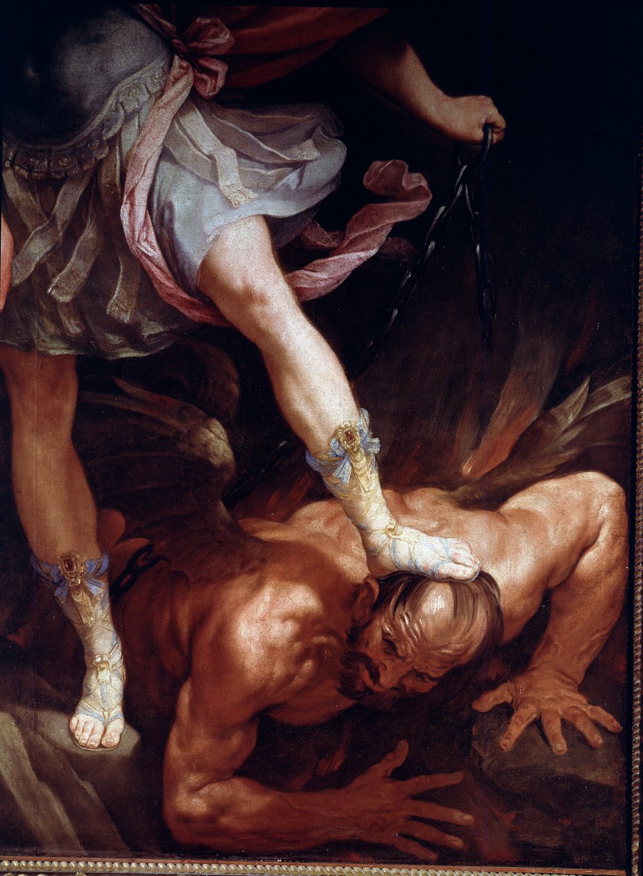 Sankt Michael knuser dæmonens hoved. Detalje af sandalskoene (Silkemaleri af Guido Reni