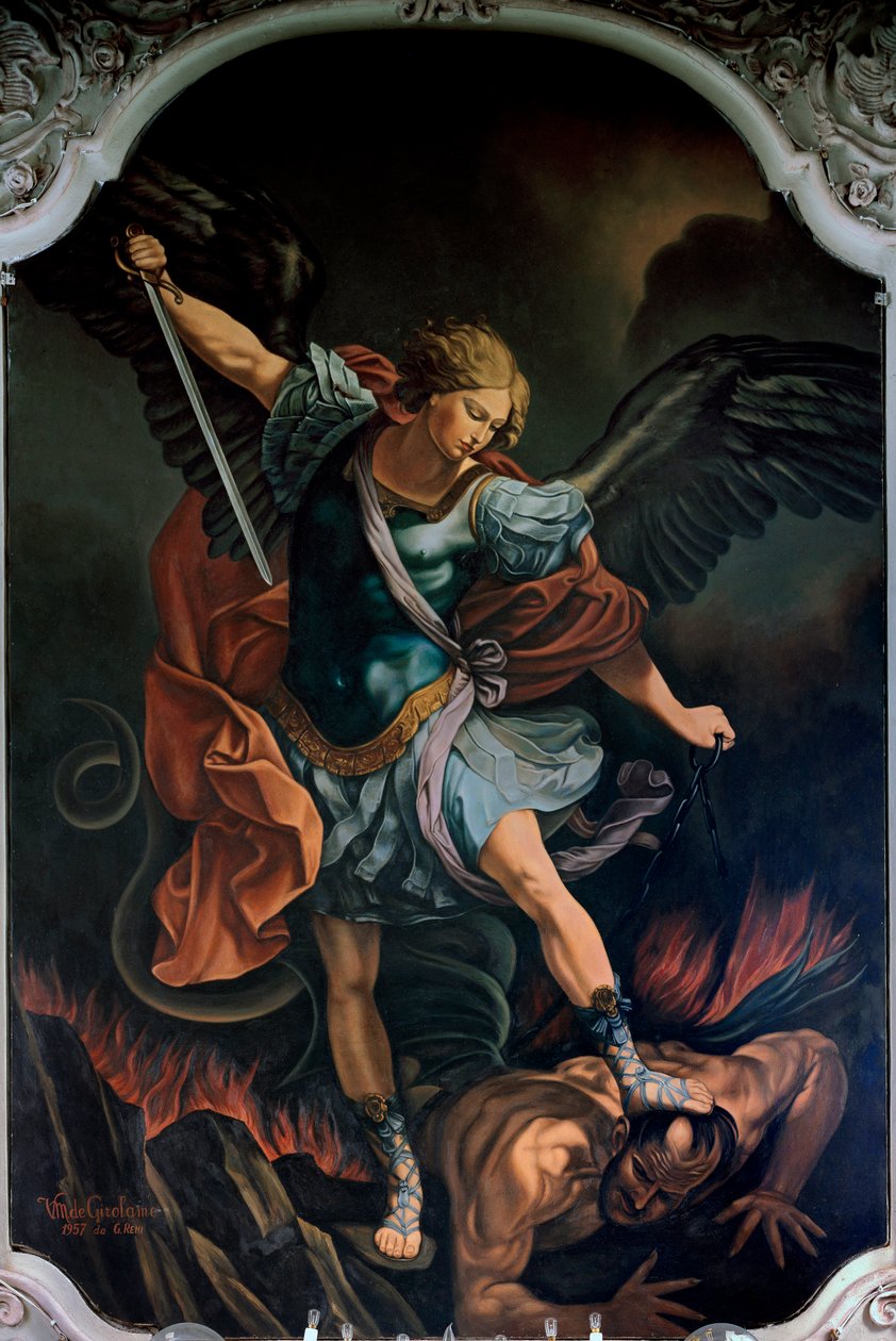 Ærkeenglen Saint Michael Terrassing the Dragon Maleri af V. M. De Girolamo (20. århundrede) efter Guido Reni. 1957 af Guido Reni