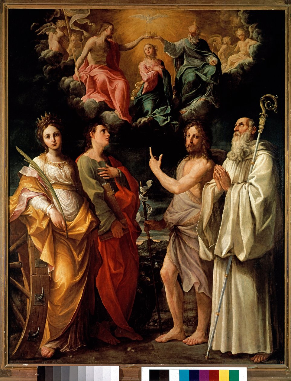 Jomfruens kroning med fire hellige (Catherine af Alexandria, Johannes evangelisten, Johannes Døberen og Bernard) - Jomfru Maria er repræsenteret i himlen med treenigheden (Jesus Kristus, Gud og Helligåndens due (Helligånden) (Coronat af Guido Reni