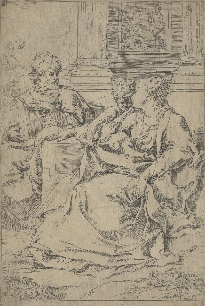 Den hellige familie sad sammen foran en søjlegang, Saint Joseph læste og..., ca. 1590-1610. af Guido Reni