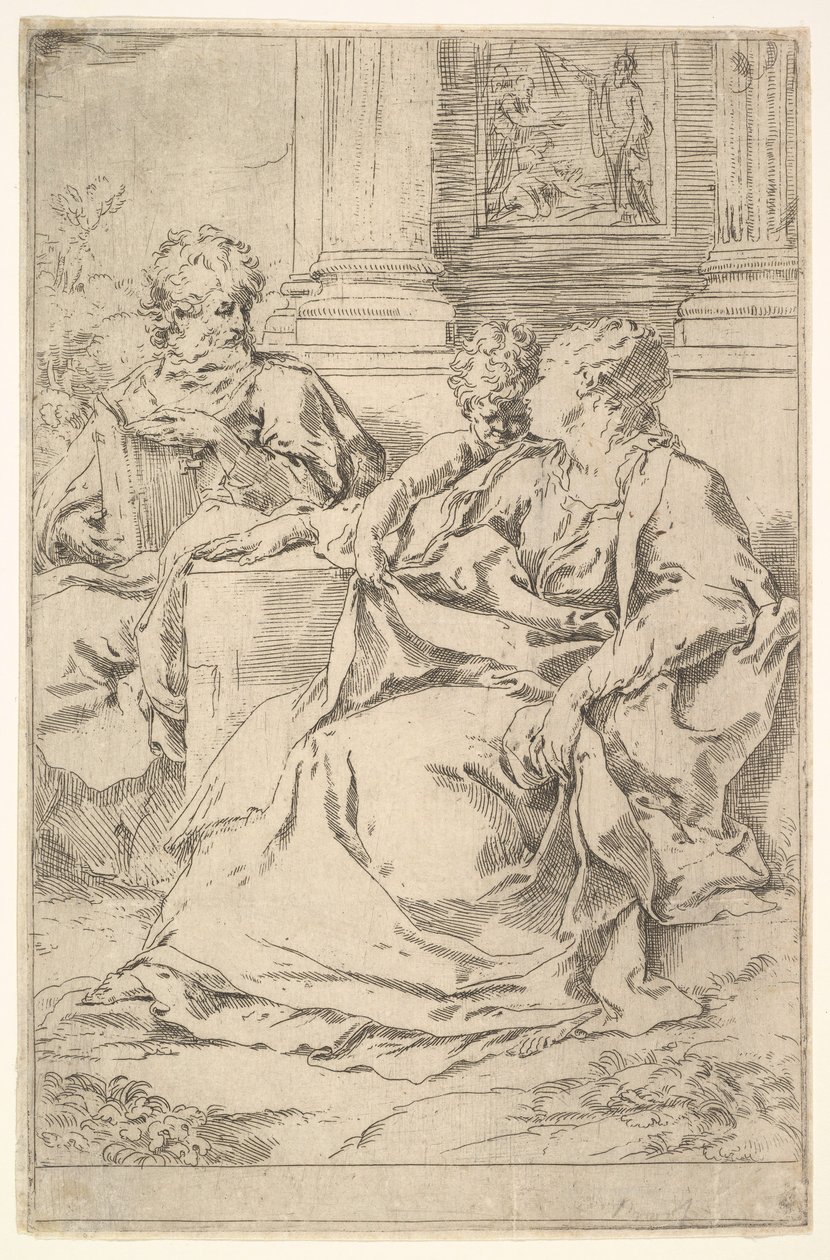 Den hellige familie med bibelsk scene i baggrunden. af Guido Reni