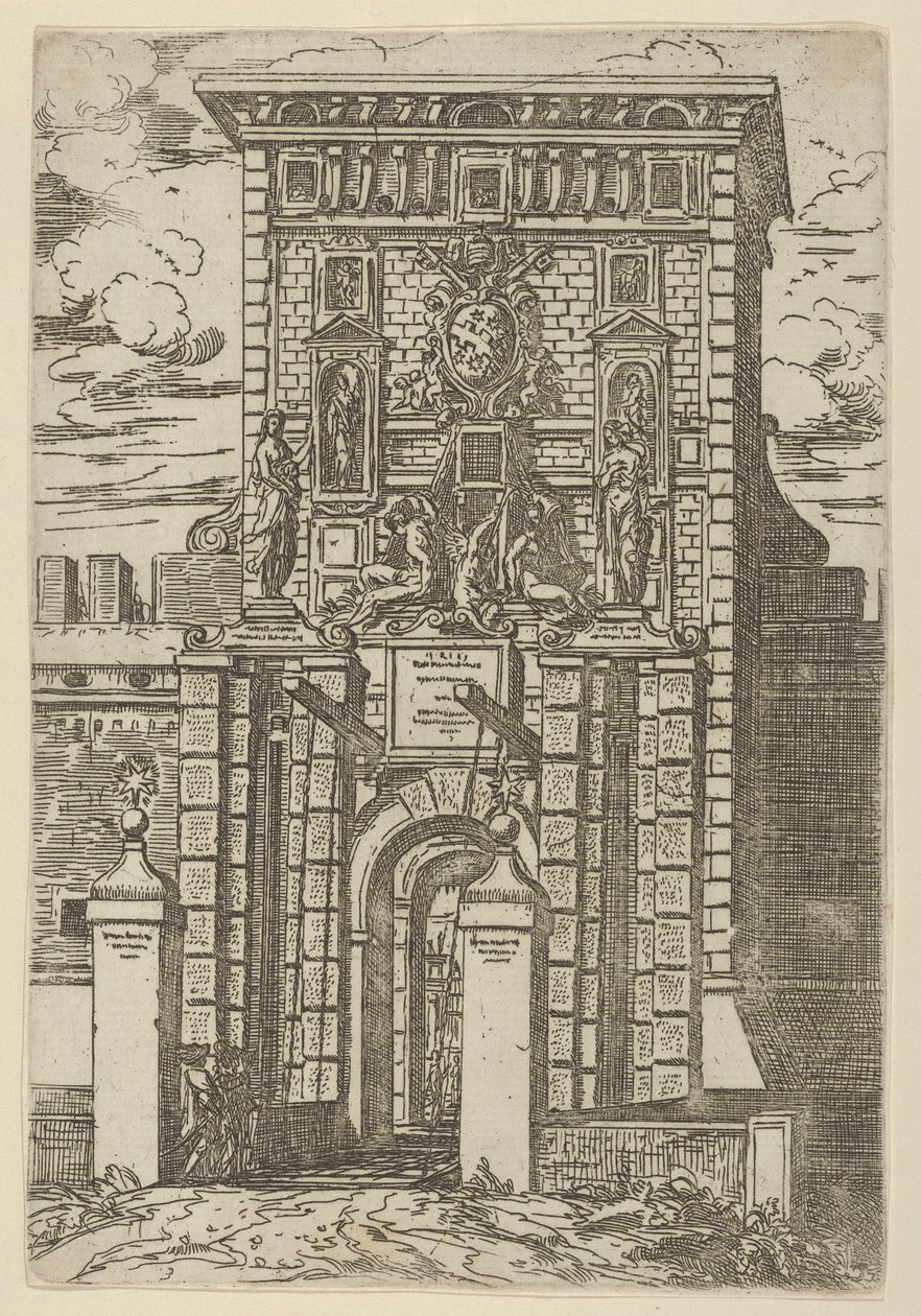 Porta Galliera, indgangsporten til Bologna og vindebroen med midlertidige dekorationer..., 1598. af Guido Reni