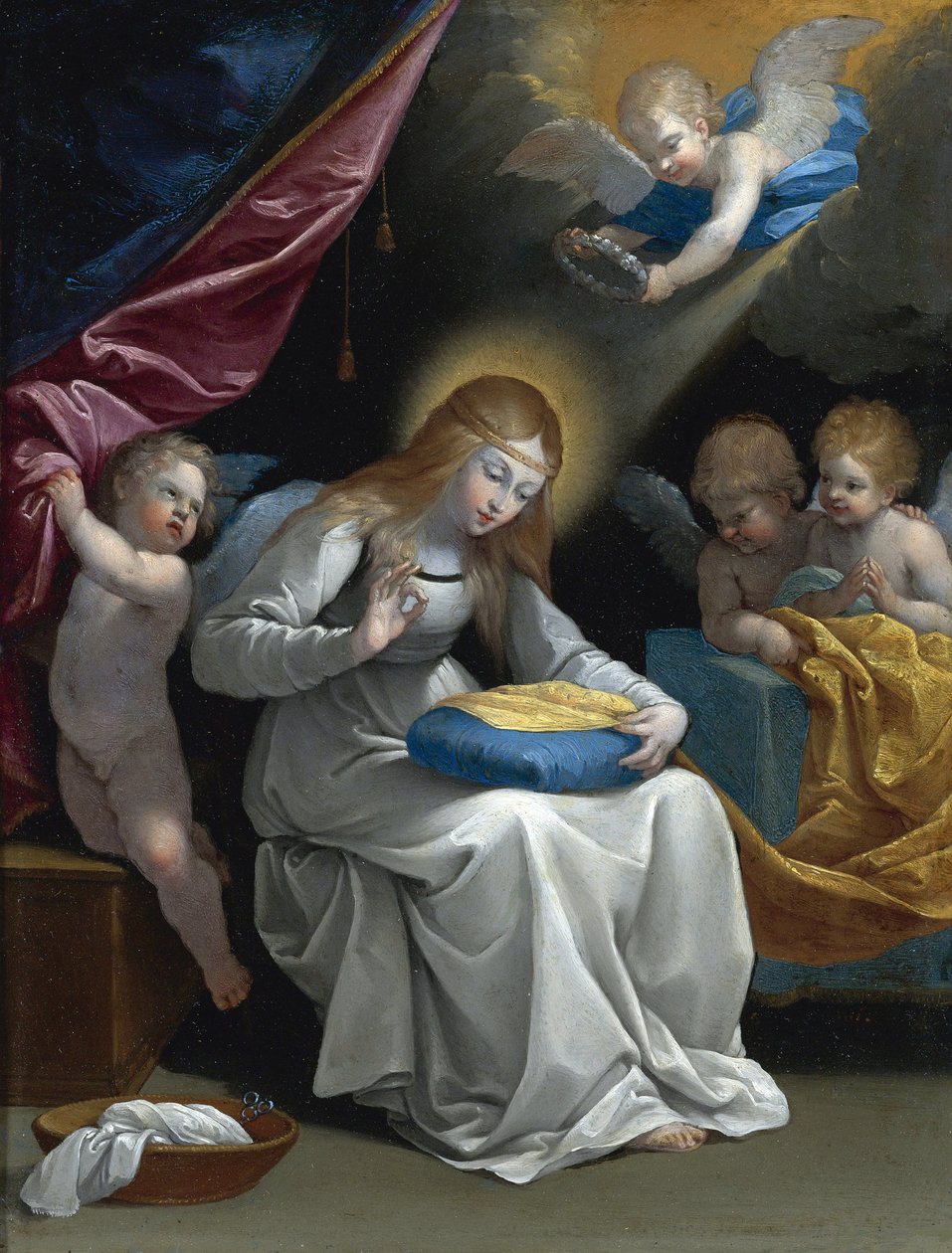 The Virgin Sewing, akkompagneret af fire engle (La Couseuse) af Reni, Guido (1575-1642). Olie på kobber, størrelse : 28,5x21,5, , Privat samling af Guido Reni