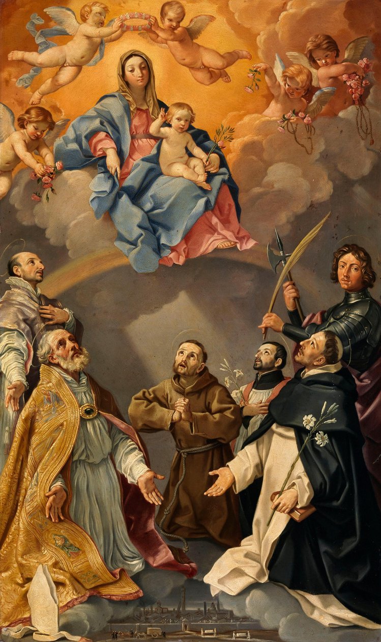Jomfruen og barnet med skytshelgenerne for byen Bologna (Sankt Ignatius af Loyola, Petronius, Procolus, Frans af Assisi, Frans Xavier, Dominicus og Florianus) af Guido Reni