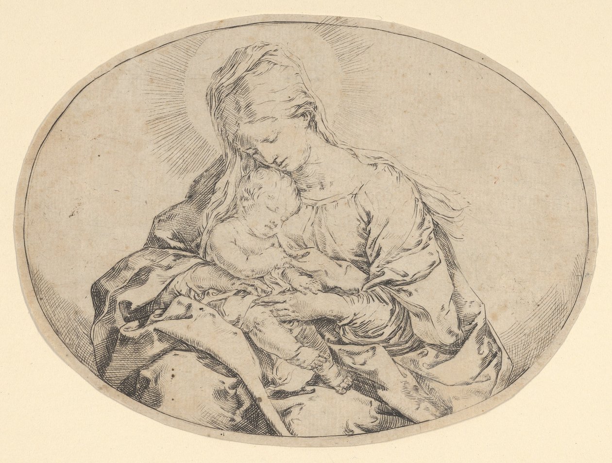 Jomfruen holder spædbarnet Kristus, en oval komposition, ca. 1600-1640. af Guido Reni