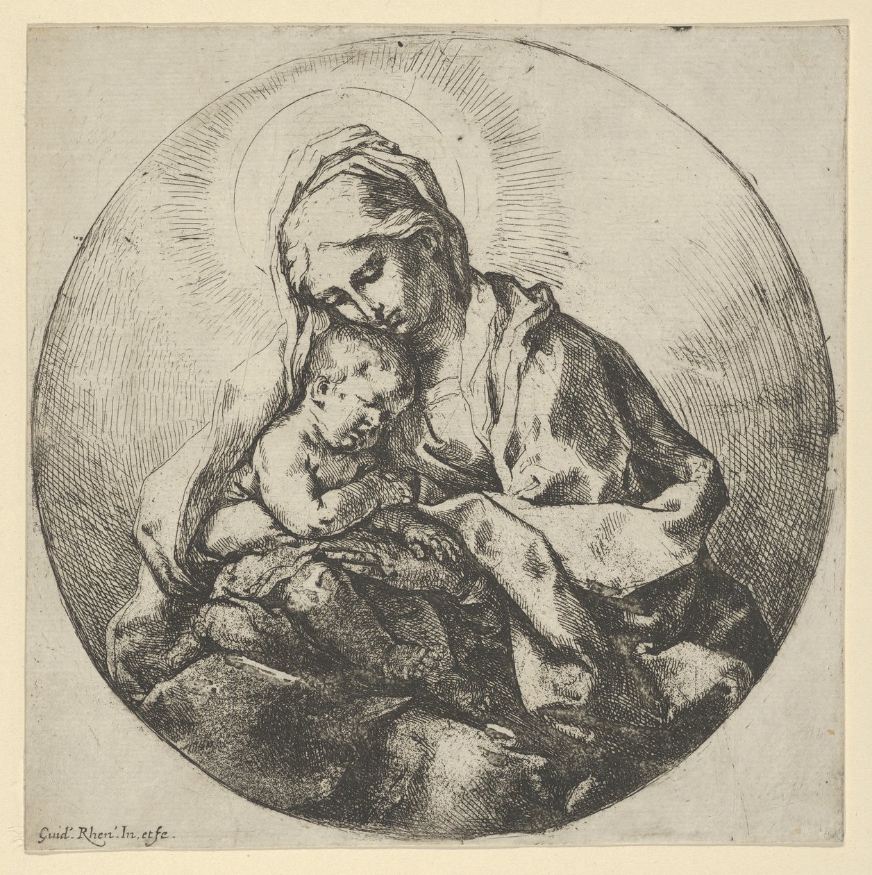 Jomfruen holder spædbarnet Kristus med fingrene på højre hånd skjult, en ..., ca 1600-1640. af Guido Reni