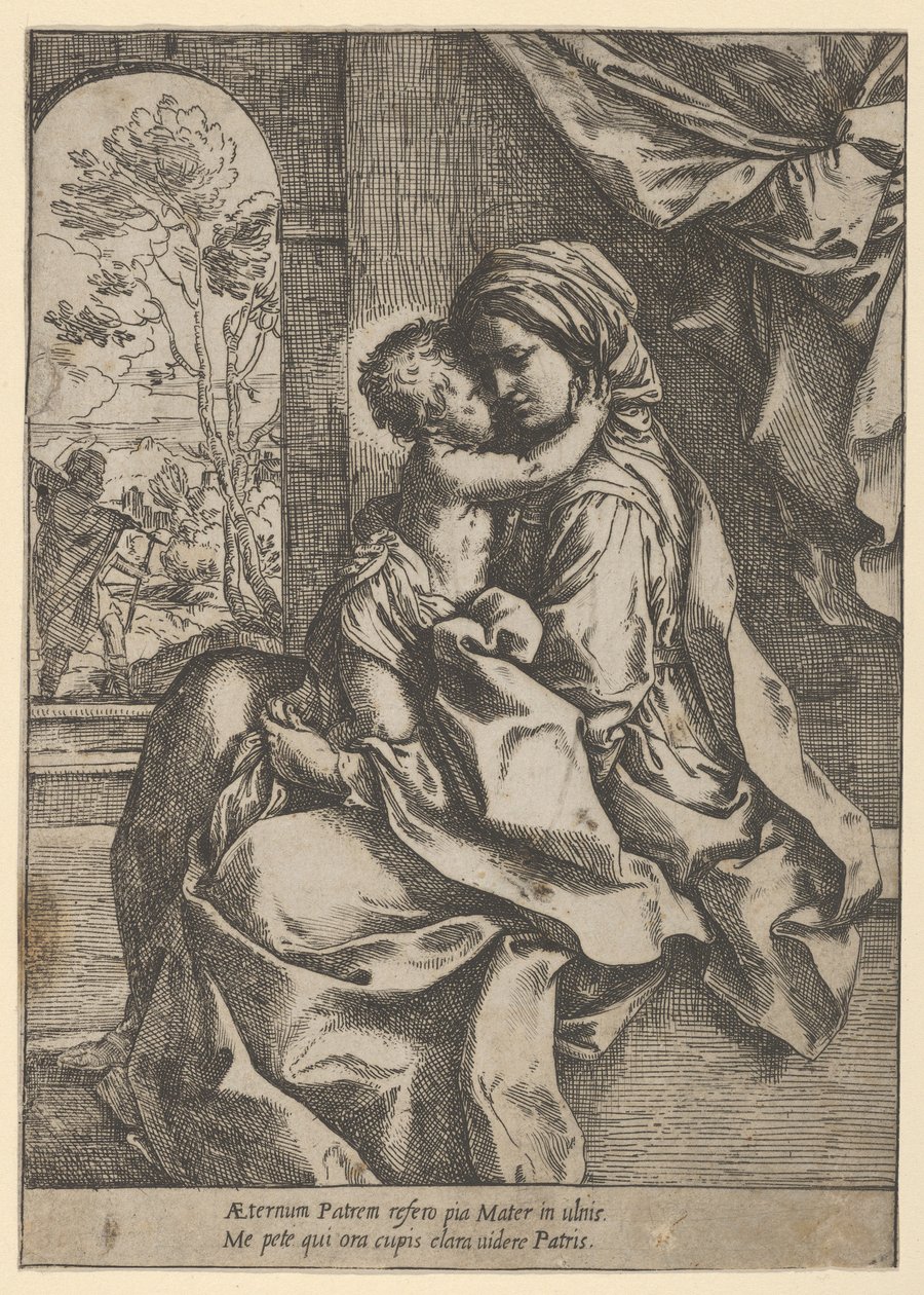 Jomfruen sad med Kristusbarnet på skødet og omfavnede hende, Joseph så..., ca. 1600-1613. af Guido Reni