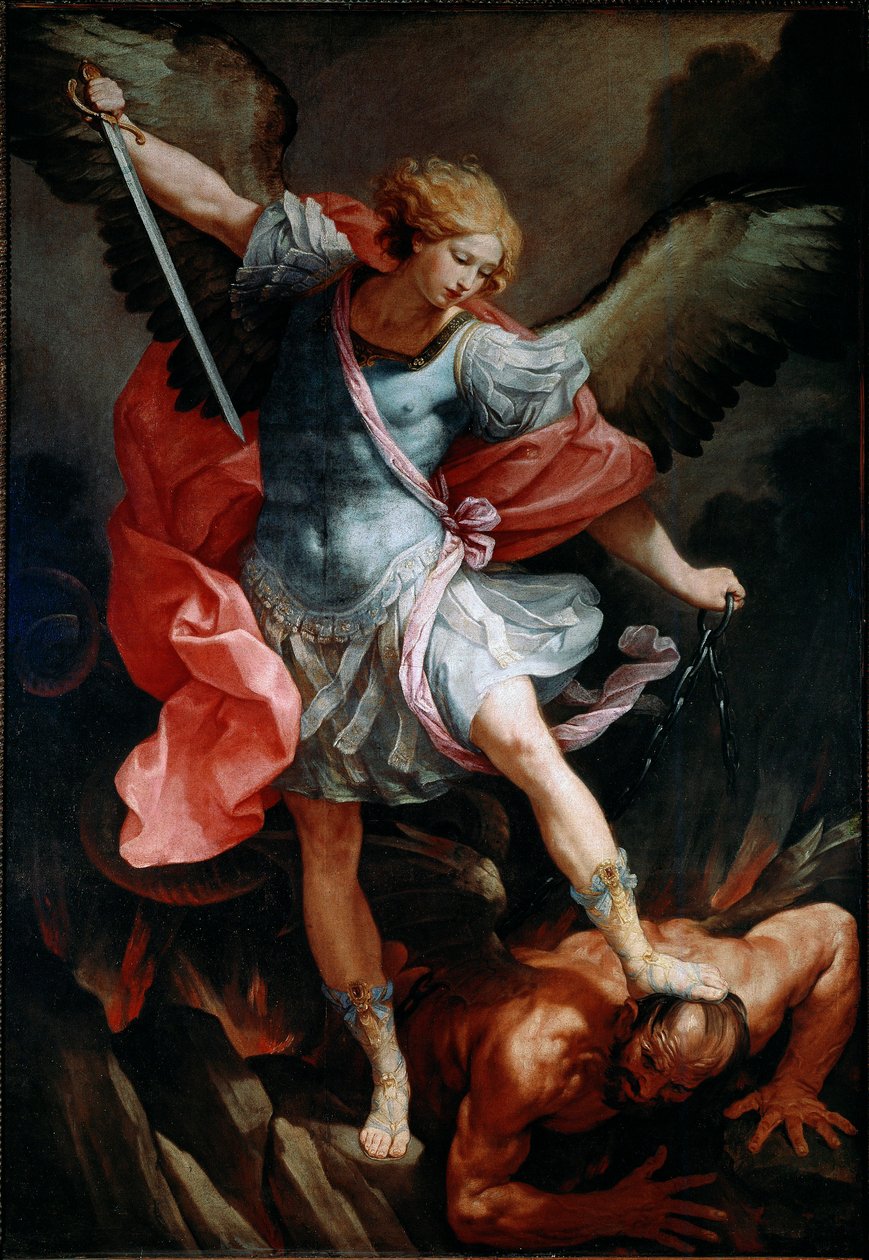Ærkeenglen Saint Michael knuser hovedet af dæmonen Silkemaleri af Guido Reni kaldet Guiden af Guido Reni