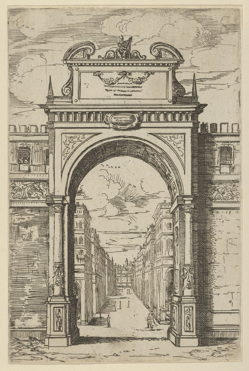 Triumfbue overvundet af en statue af Moses, bygninger set gennem buen nedenfor, en t..., 1598. af Guido Reni