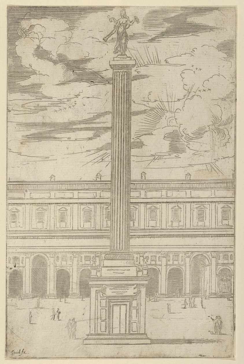 Triumfsøjle med berømt kvindeskikkelse, der holder en trompet øverst, en midlertidig dekoration..., 1598. af Guido Reni