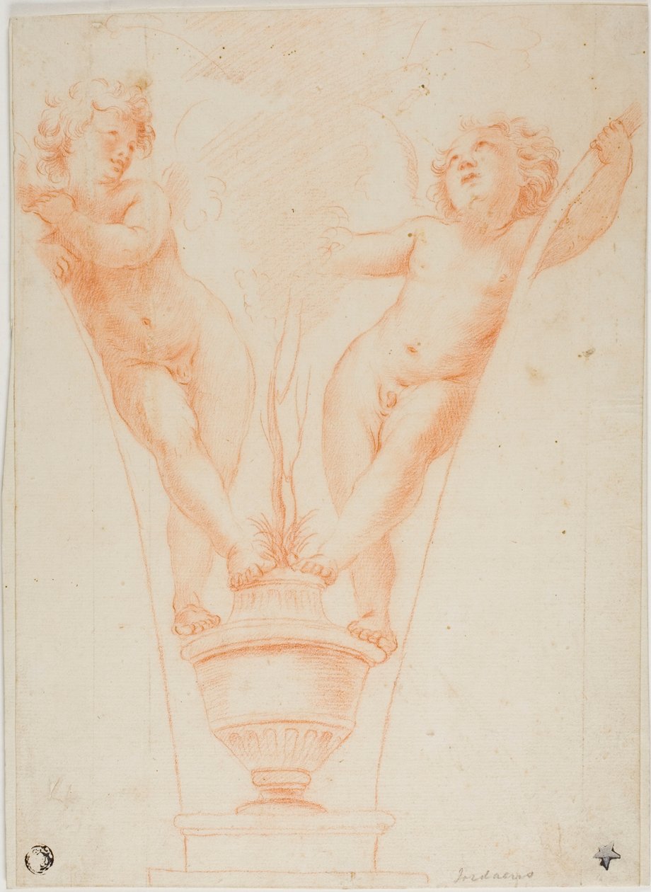 To Putti med potteplante af Guido Reni