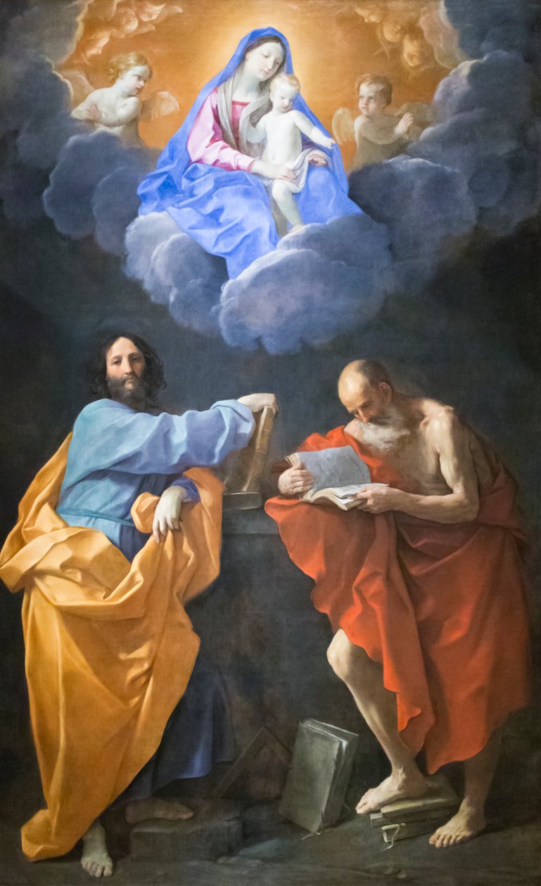 Virgin in Glory med de hellige Thomas og Hieronymus (olie på lærred) af Guido Reni