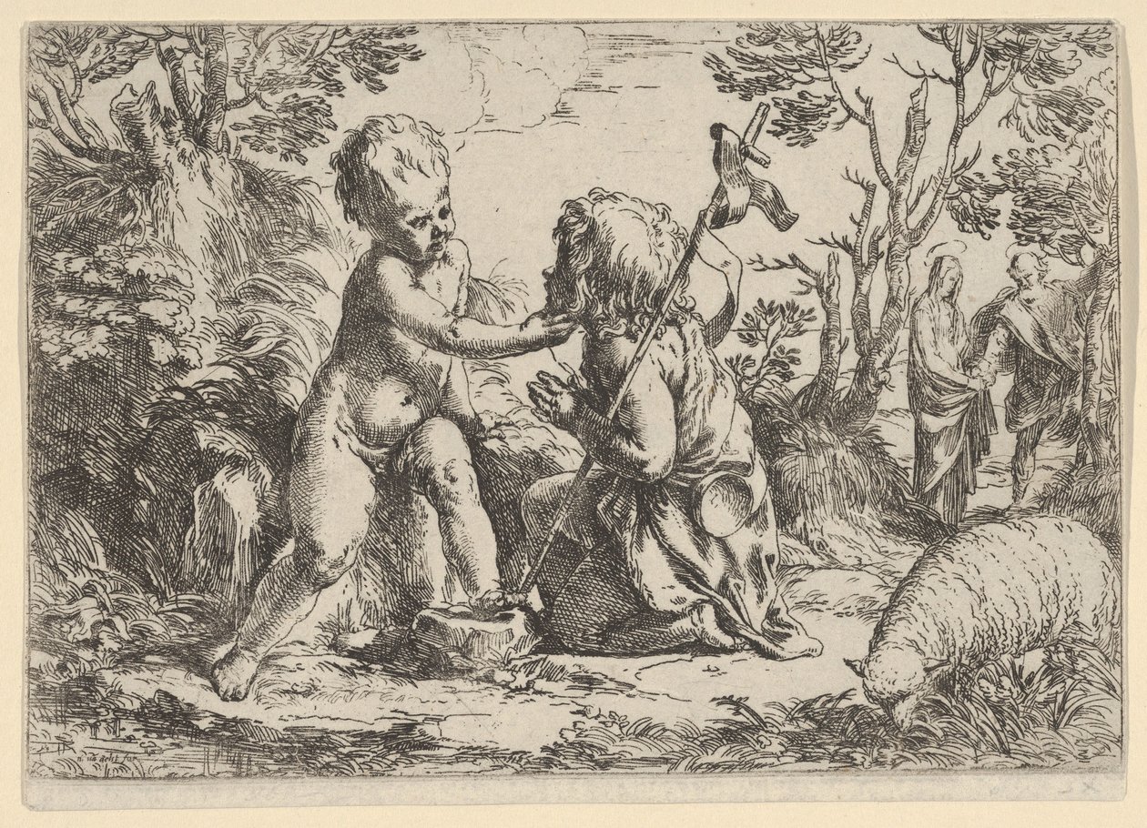 Den unge Sankt Johannes Døberen knæler foran det spæde Kristus, der kærtegner hans f..., ca. 1600-1640. af Guido Reni