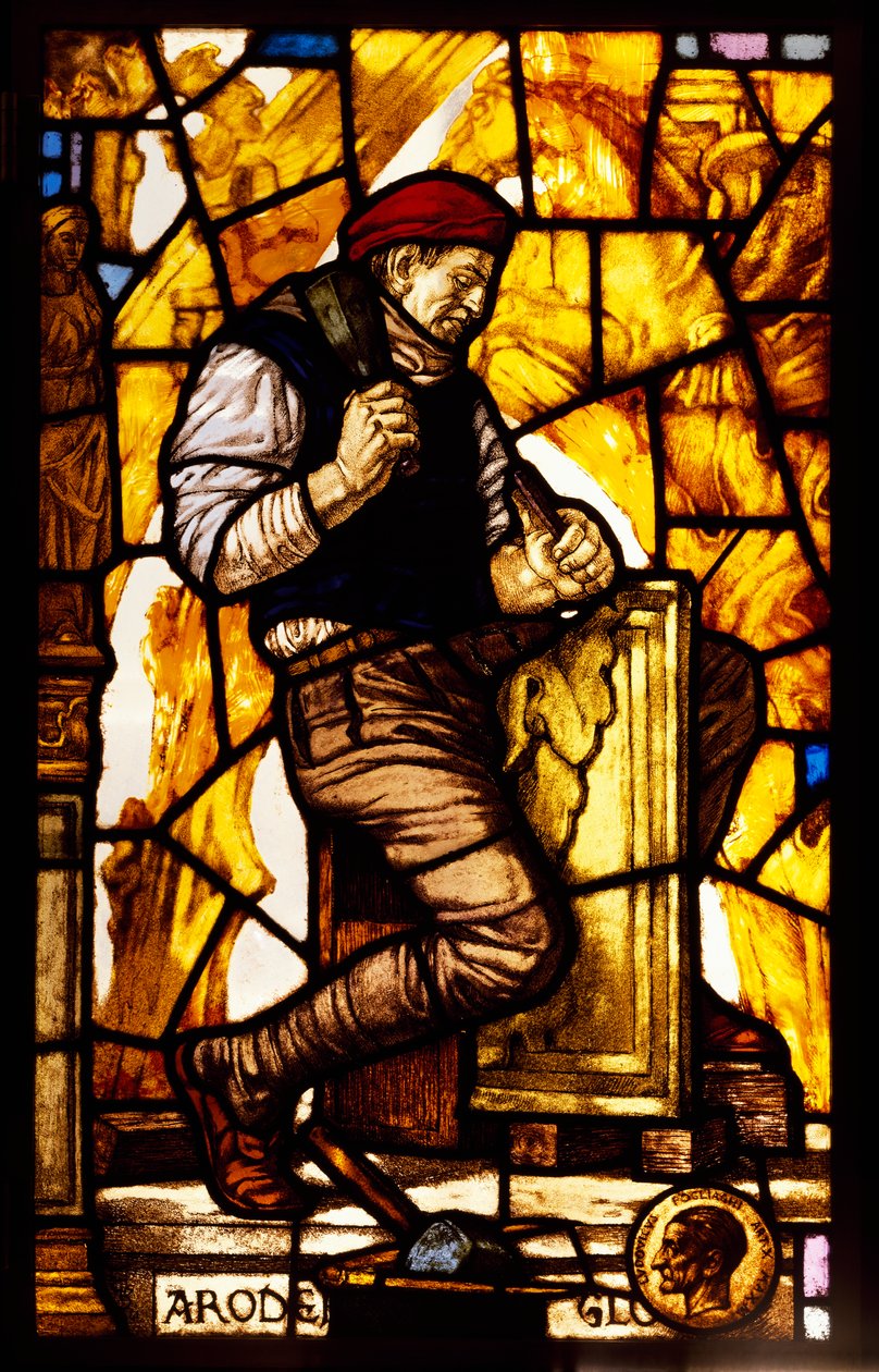 Panel af et vindue, der forestiller en stenhugger (farvet glas) af Guido Zuccaro