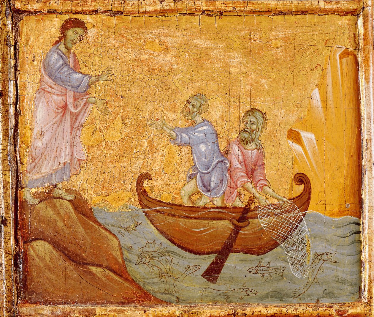 Mirakuløs fangst af fisk, detaljer fra Antependium of St Peter Enthroned by Guido da Siena (ca. 1250 -1300), tempera og guld på træ af Guido da Siena