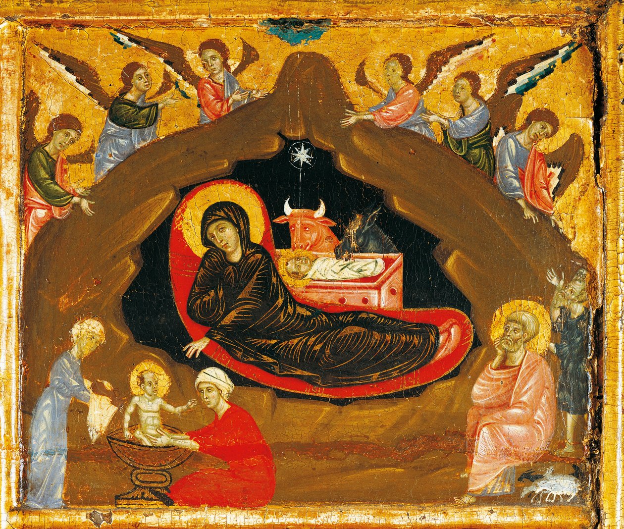 Nativity, detalje fra Antependium of St Peter Enthroned by Guido da Siena (ca. 1250 -1300), tempera og guld på træ af Guido da Siena