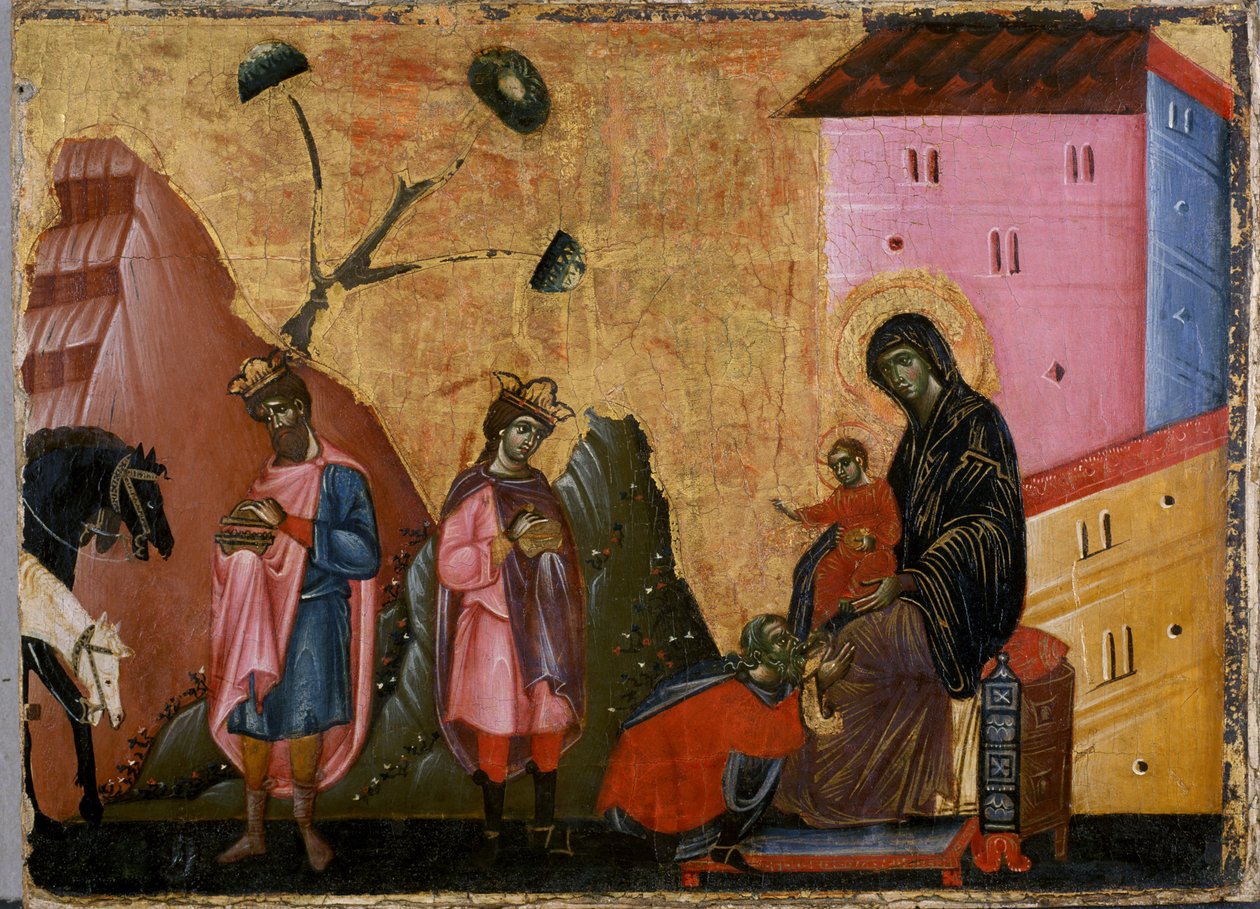 Magiernes tilbedelse (tempera på træ) af Guido da Siena