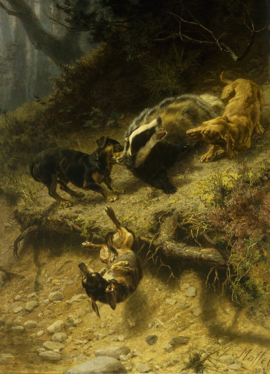 Gravhunde på en grævling, 1882 af Guido von Maffei