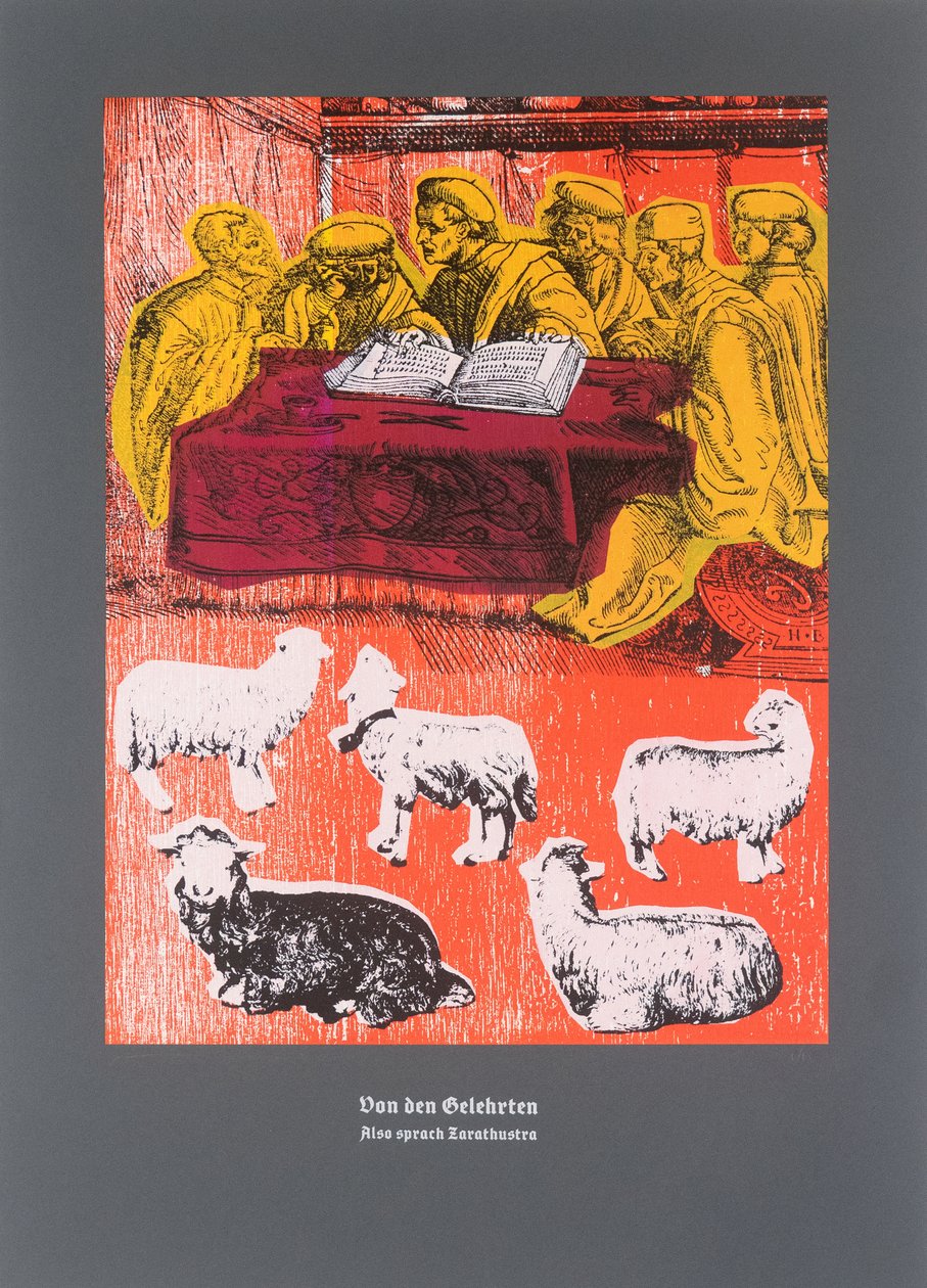 On Scholars,Thus Spoke Zarathustra, 2025 (træsnit og silketryk) af Guilherme Pontes