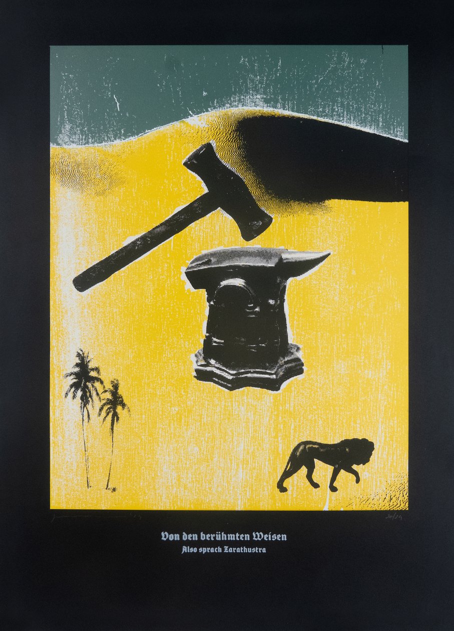 On The Famous Wise Men, Thus Spoke Zarathustra, 2024 (Træsnit og silketryk) af Guilherme Pontes