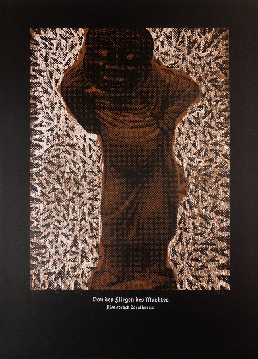 On the Flies of the Market Place, Thus Spoke Zarathustra, 2024 (træsnit og silketryk) af Guilherme Pontes