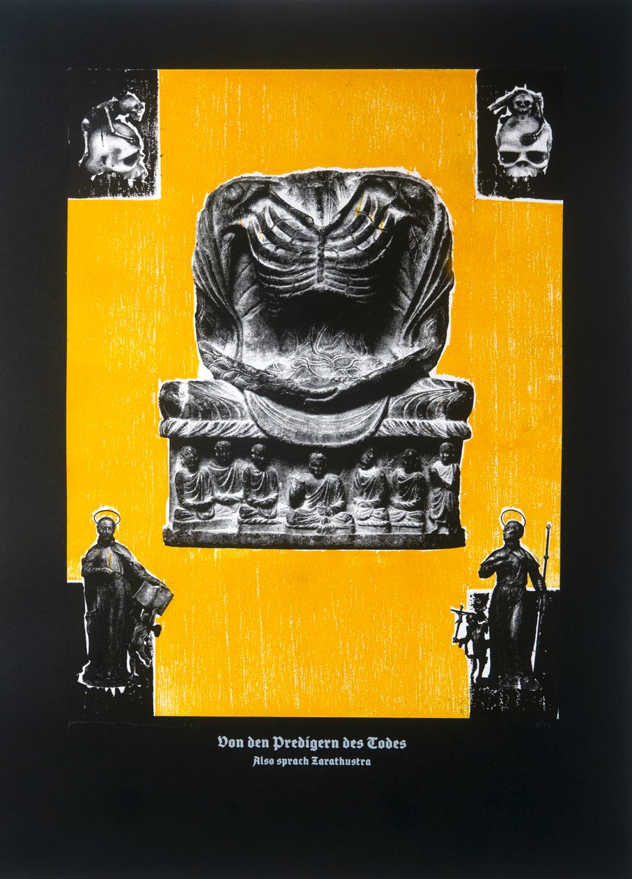 On the Preachers of Death, Thus Spoke Zarathustra, 2023 (træsnit og silketryk) af Guilherme Pontes