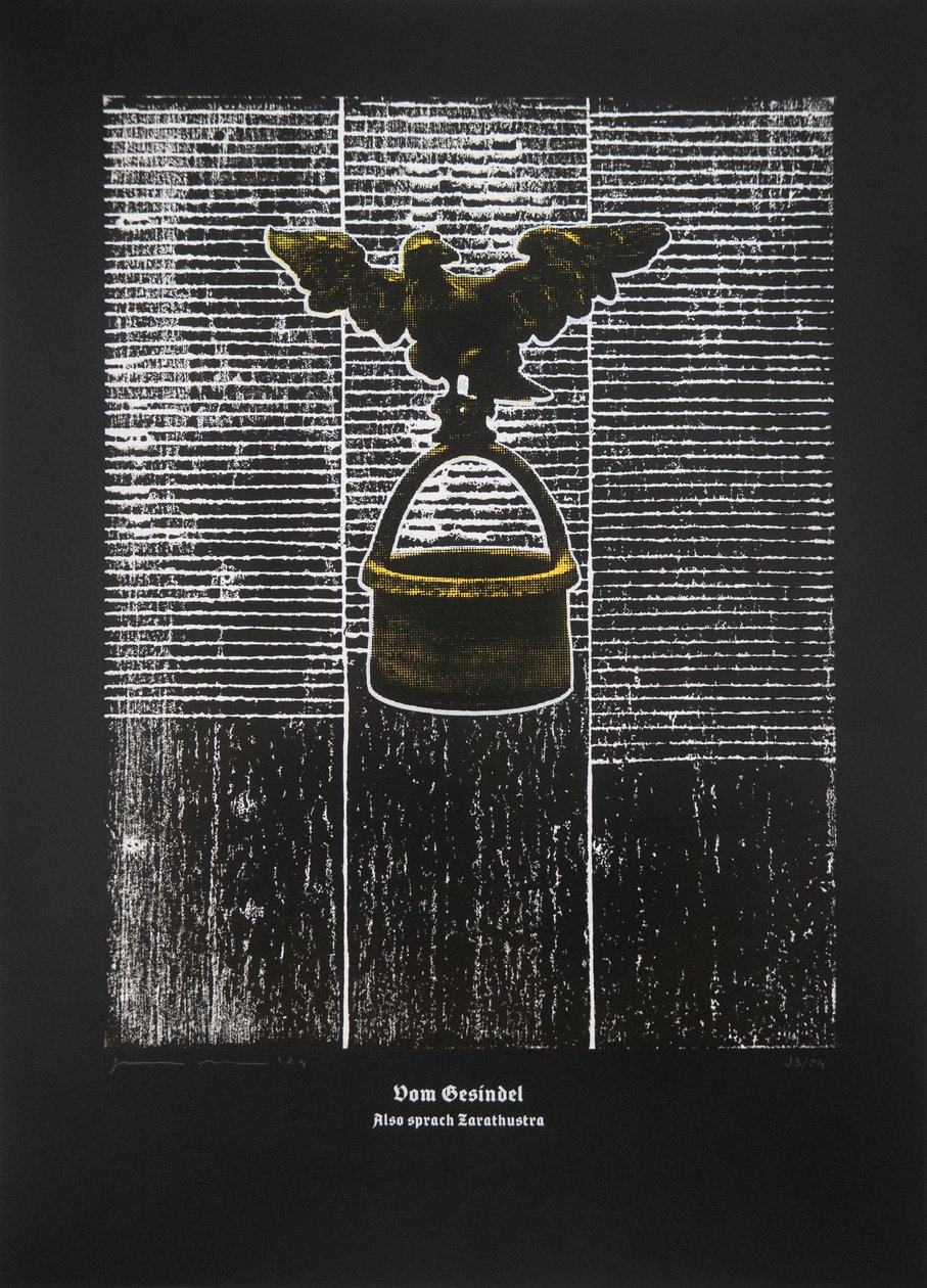 On The Rabble, Thus Spoke Zarathustra, 2024 (træsnit og silketryk) af Guilherme Pontes