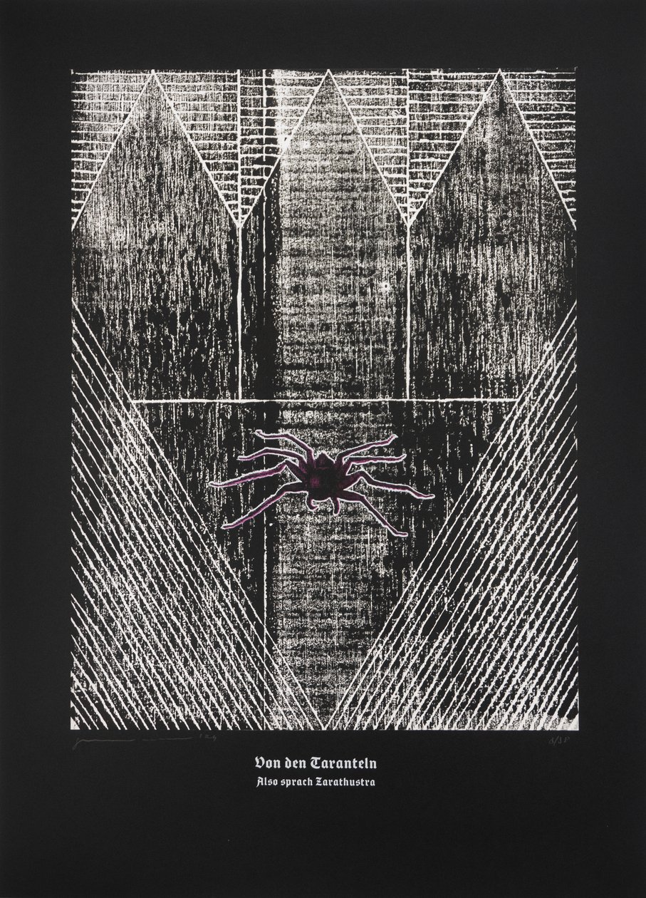 On The Tarantula, Thus Spoke Zarathustra, 2024 (træsnit og silketryk) af Guilherme Pontes