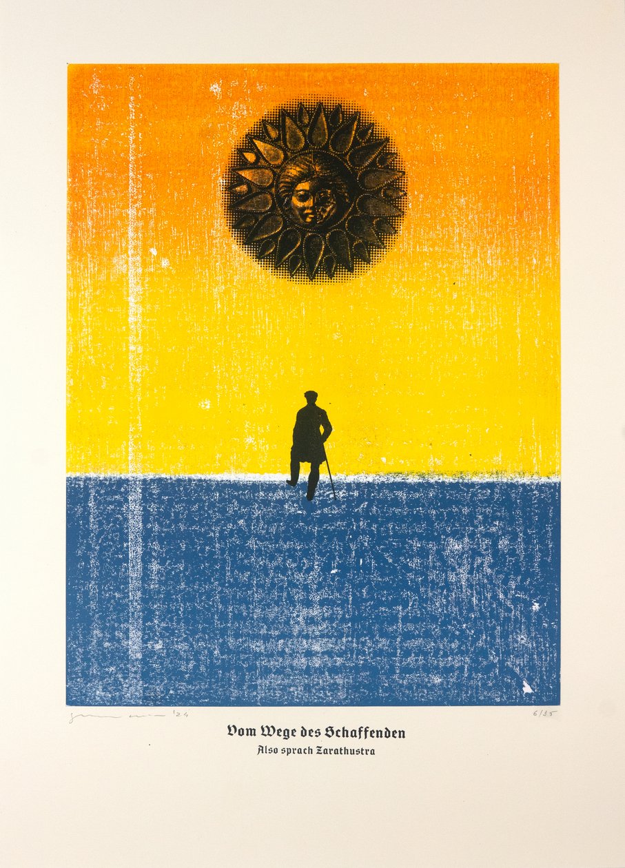On the Way of the Creator, Thus Spoke Zarathustra, 2024 (træsnit og silketryk) af Guilherme Pontes