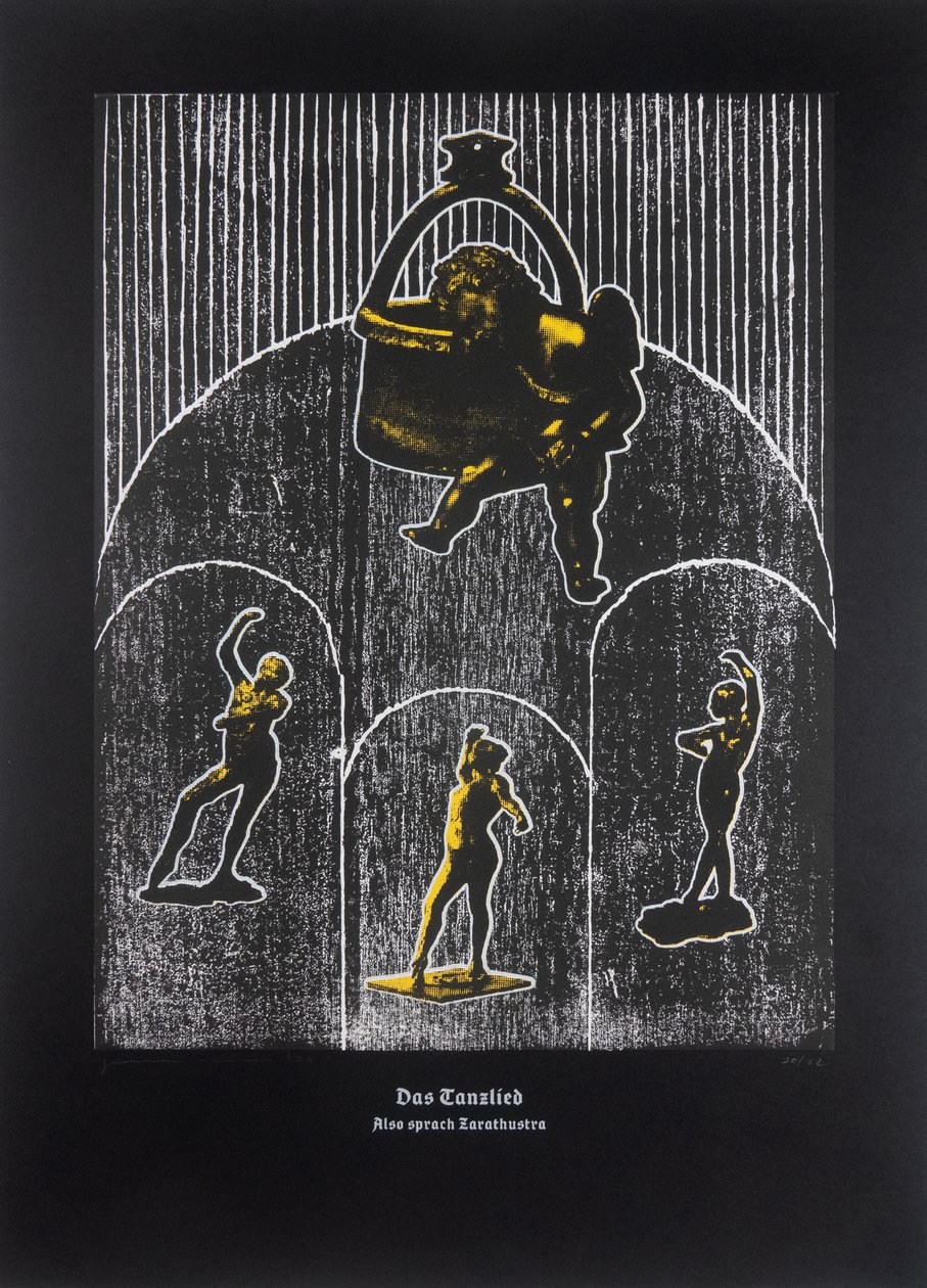 The Dancing Song, Thus Spoke Zarathustra, 2024 (træsnit og silketryk) af Guilherme Pontes