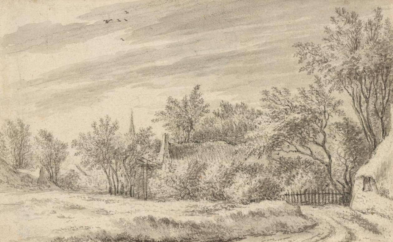 Landsbysti med kirkespir i det fjerne af Guillam Dubois