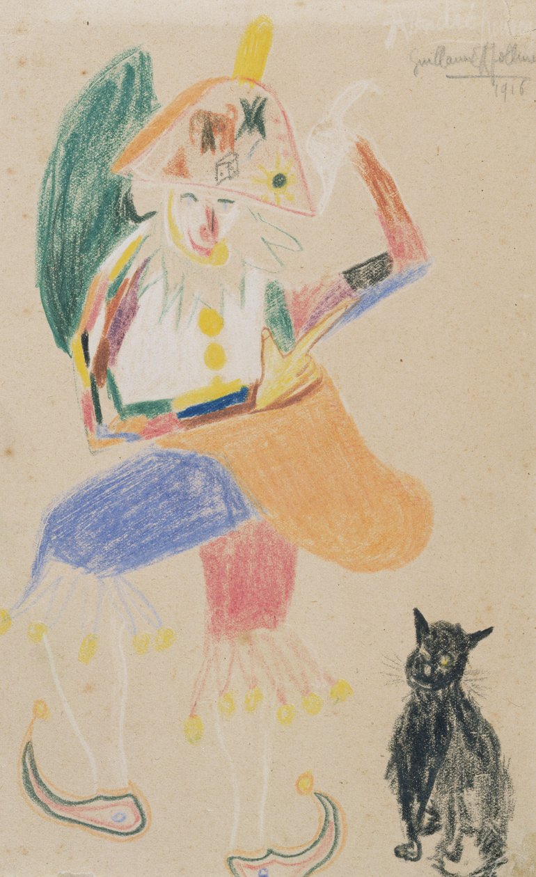Klovn i en bicorne med en kat, tegning dedikeret til Andre Rouveyre, 1916 (farvet farveblyant på papir) af Guillaume Apollinaire