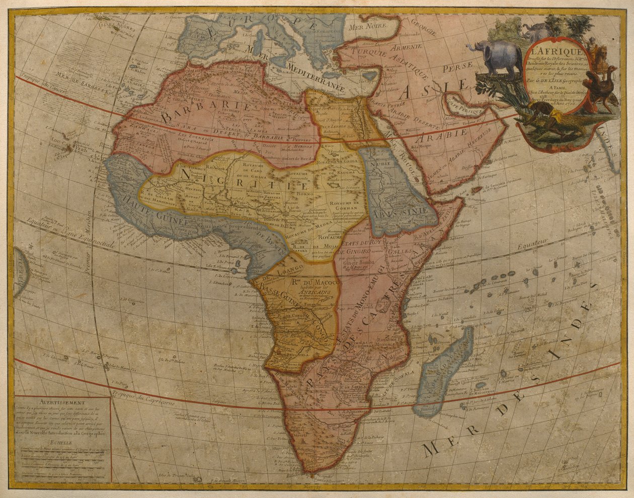 Kort over Afrika, udgivet i 1700, Paris (farvestik) af Guillaume Delisle