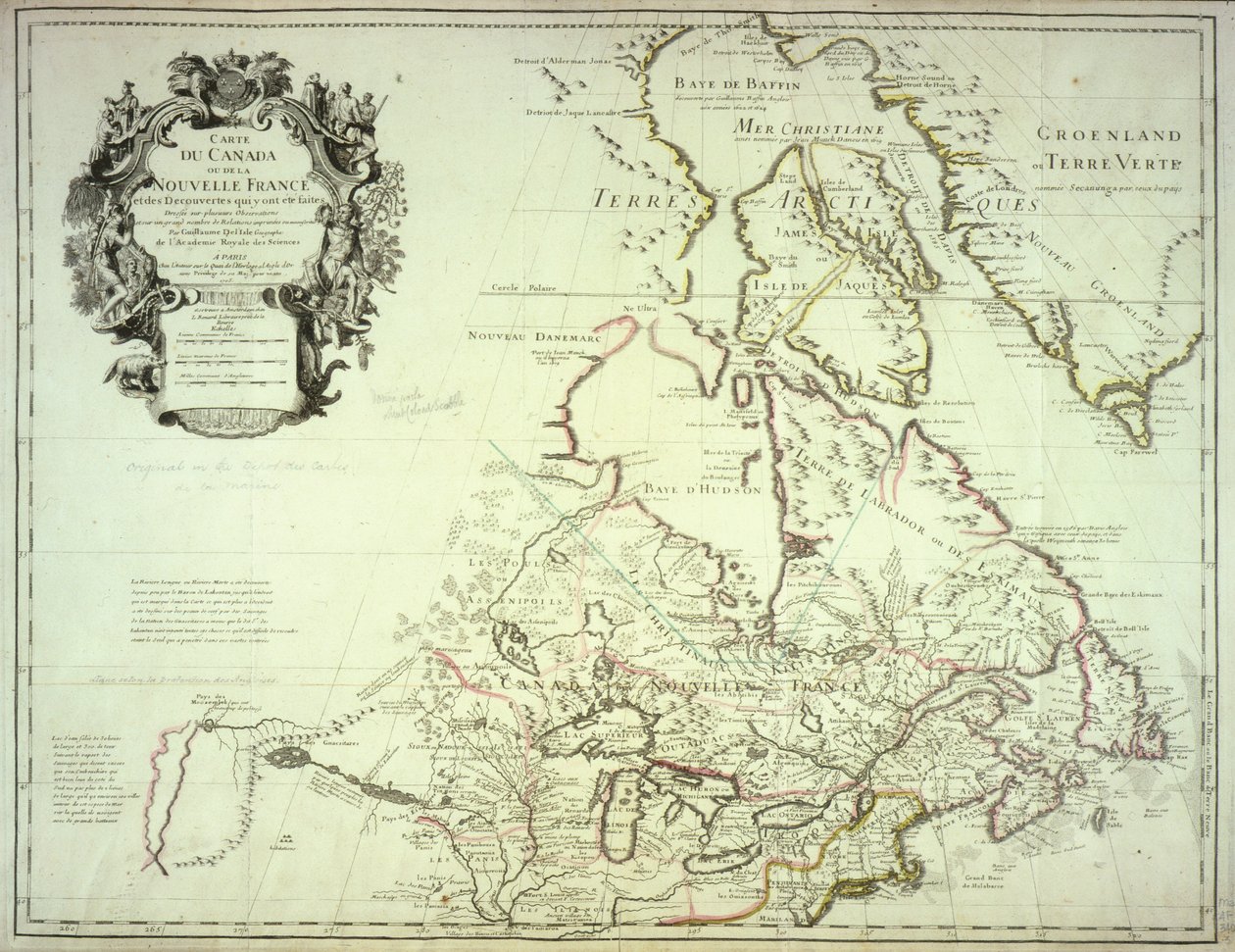 Kort over Canada, udgivet i Paris, 1703 (håndkoloreret stik) af Guillaume Delisle
