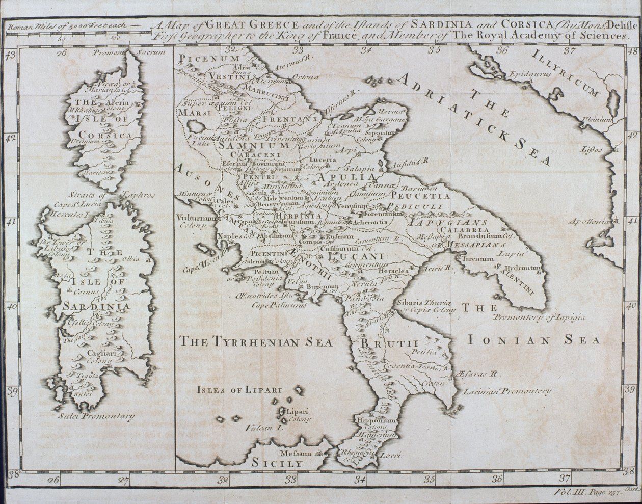 Kort over det sydlige Italien, Korsika og Sardinien kendt i oldtiden som Det Store Grækenland eller Magna Graecia, begyndelsen af det 18. århundrede af Guillaume Delisle