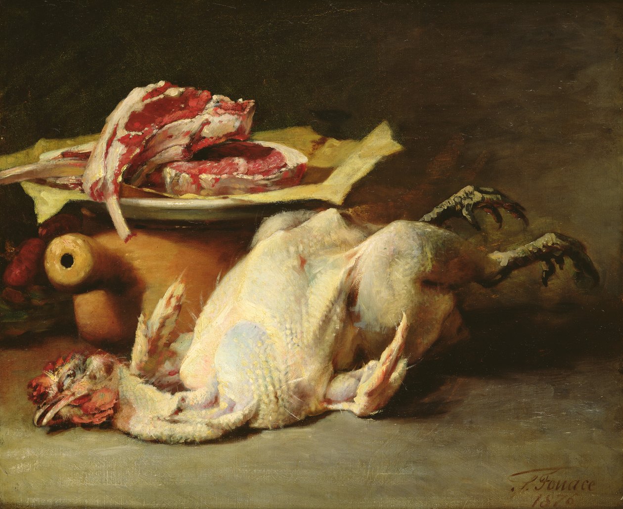Stilleben af en kylling og koteletter, 1876 af Guillaume Romain Fouace