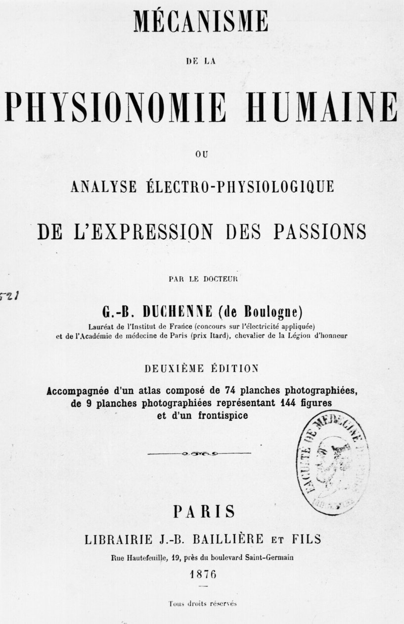 Titelbladet til "Mecanisme de la Physionomie humaine ou analyse electrophysiologique des passions" af Duchenne de Boulogne, udgivet 1876, Paris af Guillaume Benjamin Armand Duchenne de Boulogne