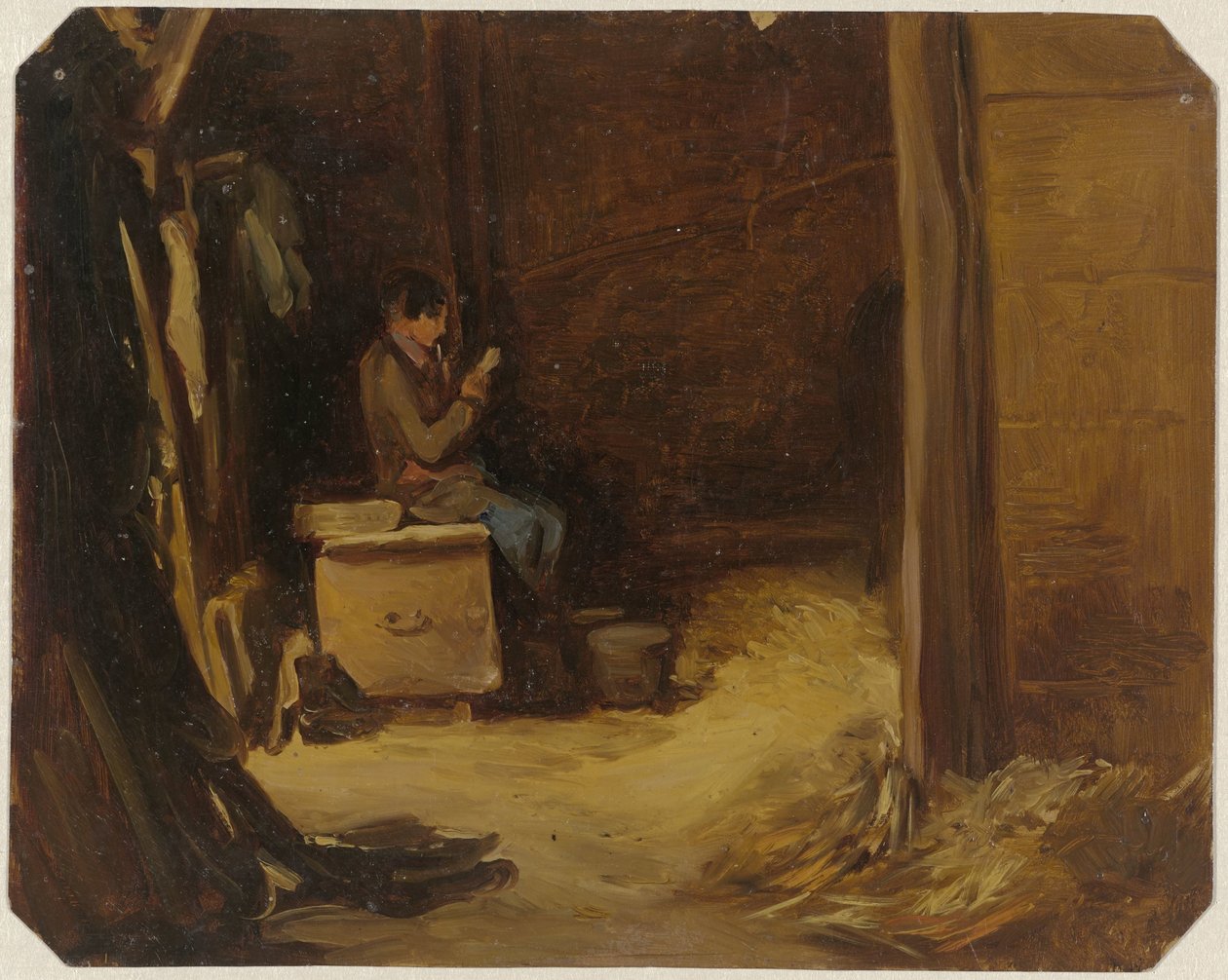 Dreng læser bogstaver i en stald af Guillaume Anne van der Brugghen