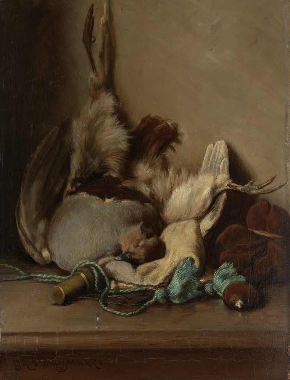 Still Life With Wood Pigeon og pulverhorn af Guillaume Anne van der Brugghen