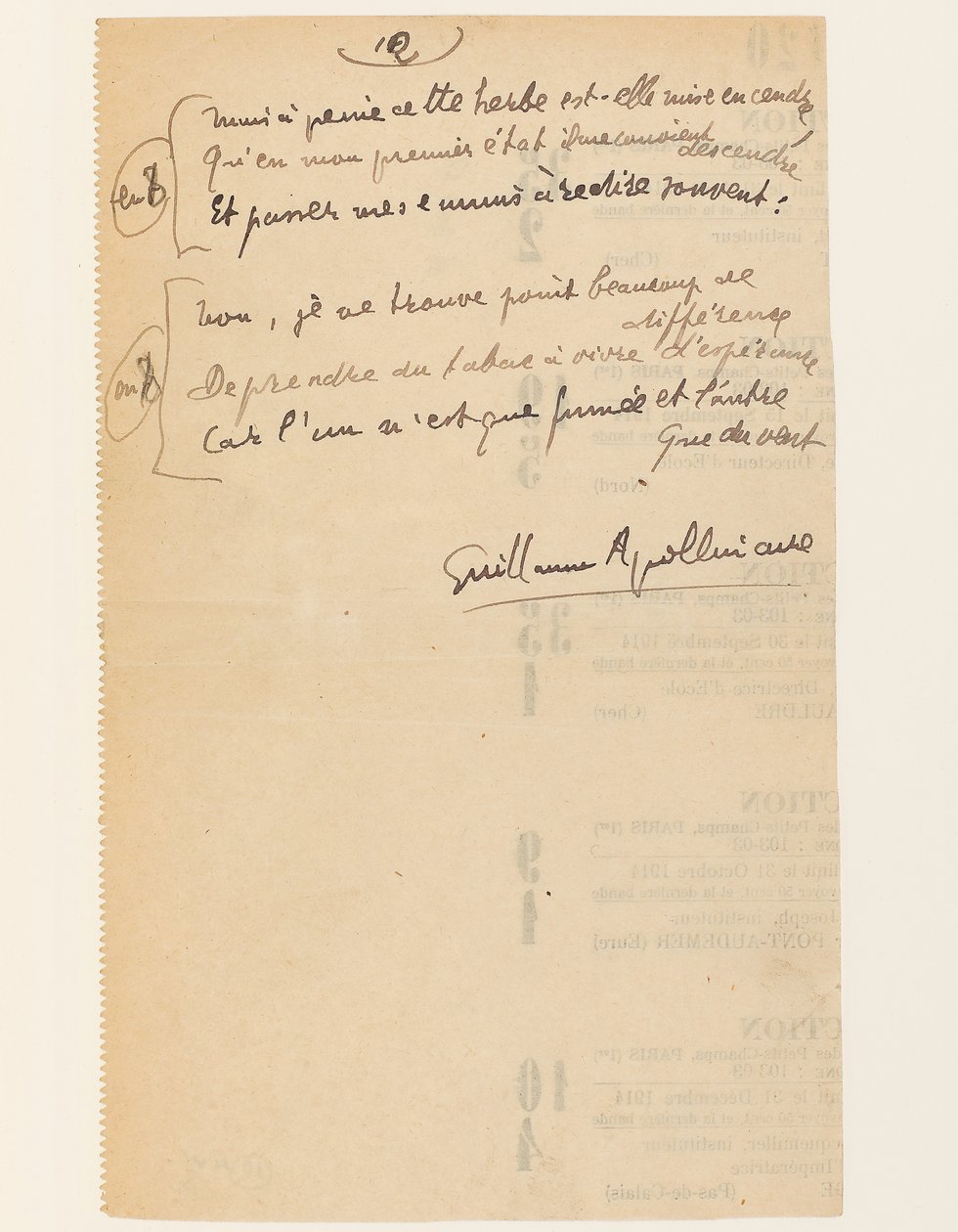 "Anekdotisk liv. "Folkeforbundets hymne". Tobak.", 15. august 1918 af Guillaume Apollinaire