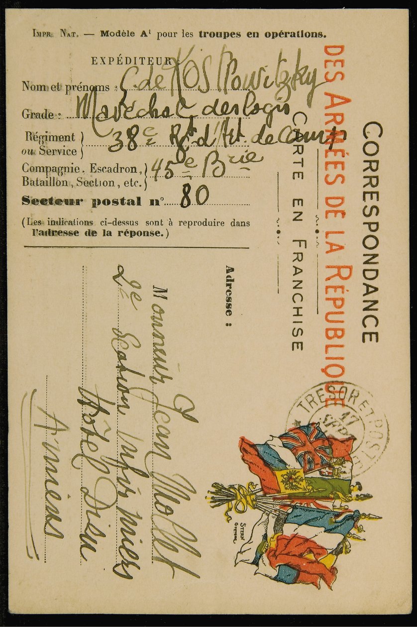 Autografpostkort til Jean Mollet, dateret 16. september 1915 af Guillaume Apollinaire