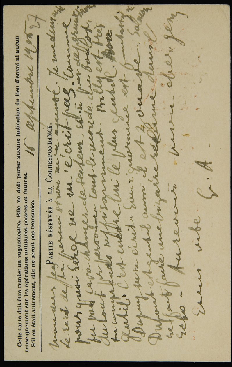 Autografpostkort til Jean Mollet, dateret 16. september 1915 af Guillaume Apollinaire