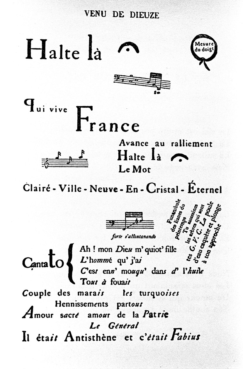 Calligram (rhebus) af Guillaume Apollinaire (1880-1918): "" Come of Dieuze"" af Guillaume Apollinaire