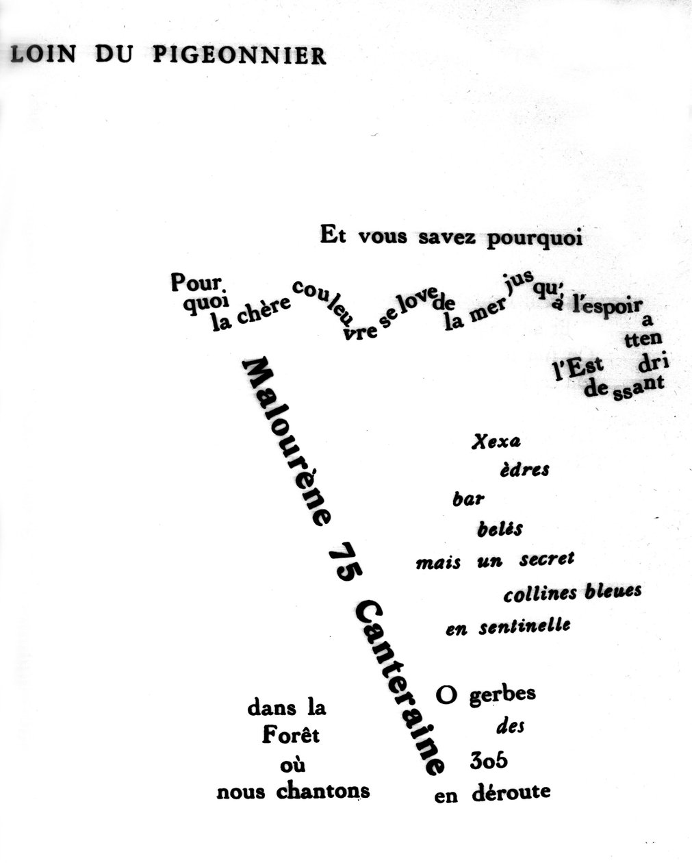 Calligram af Guillaume Apollinaire (1880-1918): "" Langt fra pigeonnier"" af Guillaume Apollinaire