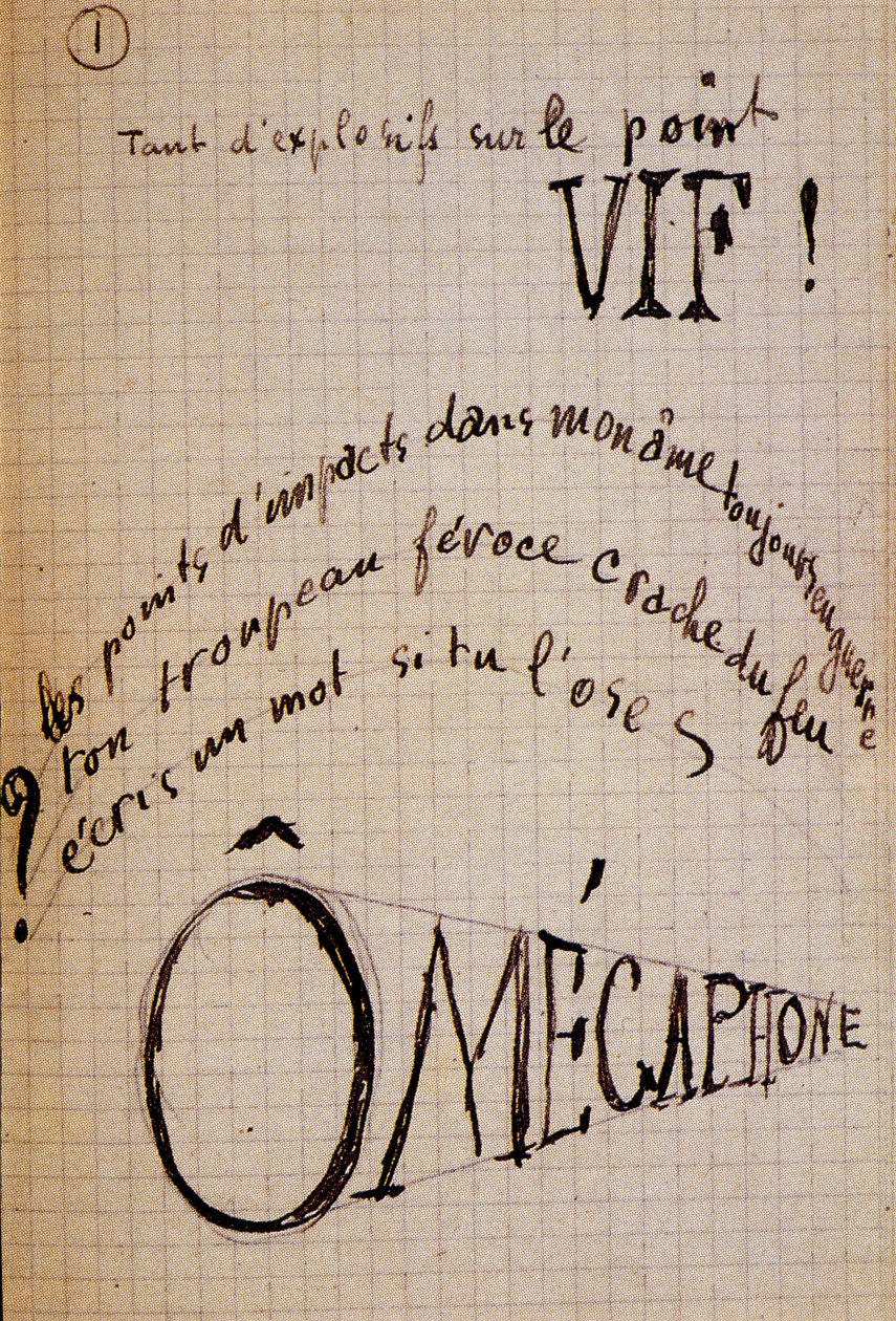 Calligram af Guillaume Apollinaire - i "Du coton dans les oreilles", autografisk manuskript på 17 blade af Guillaume Apollinaire