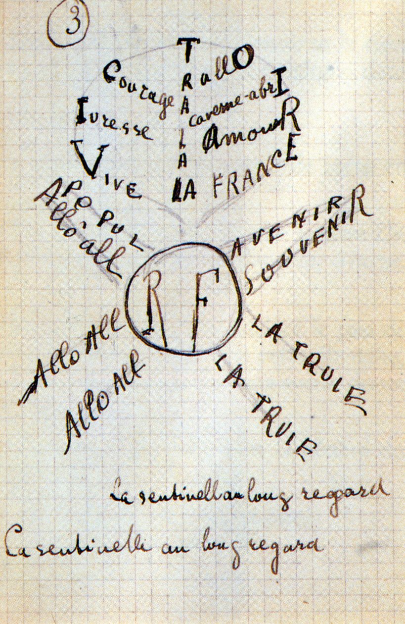 Calligram af Guillaume Apollinaire - i "" Bomuld i ørerne", autografmanuskript af 17 blade af Guillaume Apollinaire